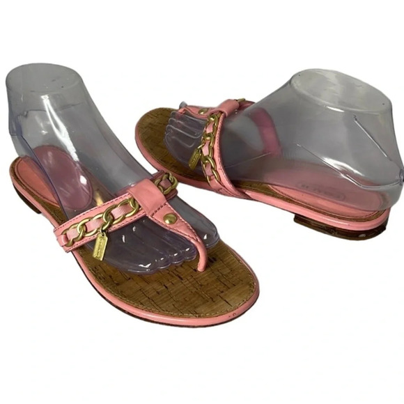 COACH Rizzo Pink Gold Chain Thong Sandals Cork Footbed Leather Sole As Is 7.5B - Picture 12 of 12